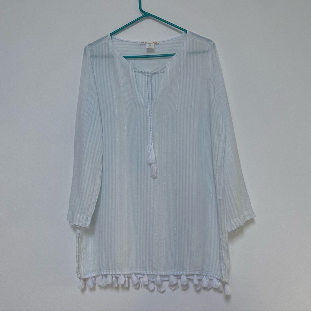 C&C California Linen Blend Lightweight Tunic Top Coverup M White Blue